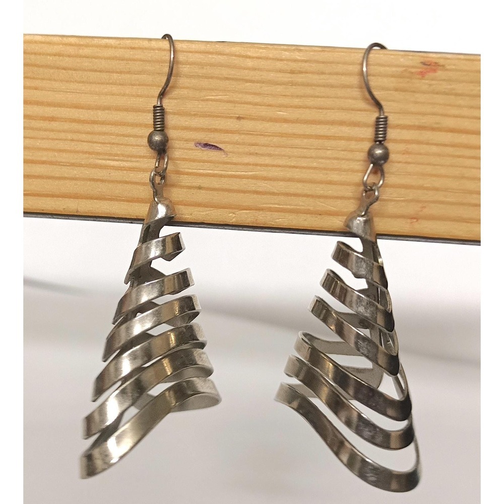 Sculptural Spiral Metal Earrings Vintage Silvertone Tree Like Dangle